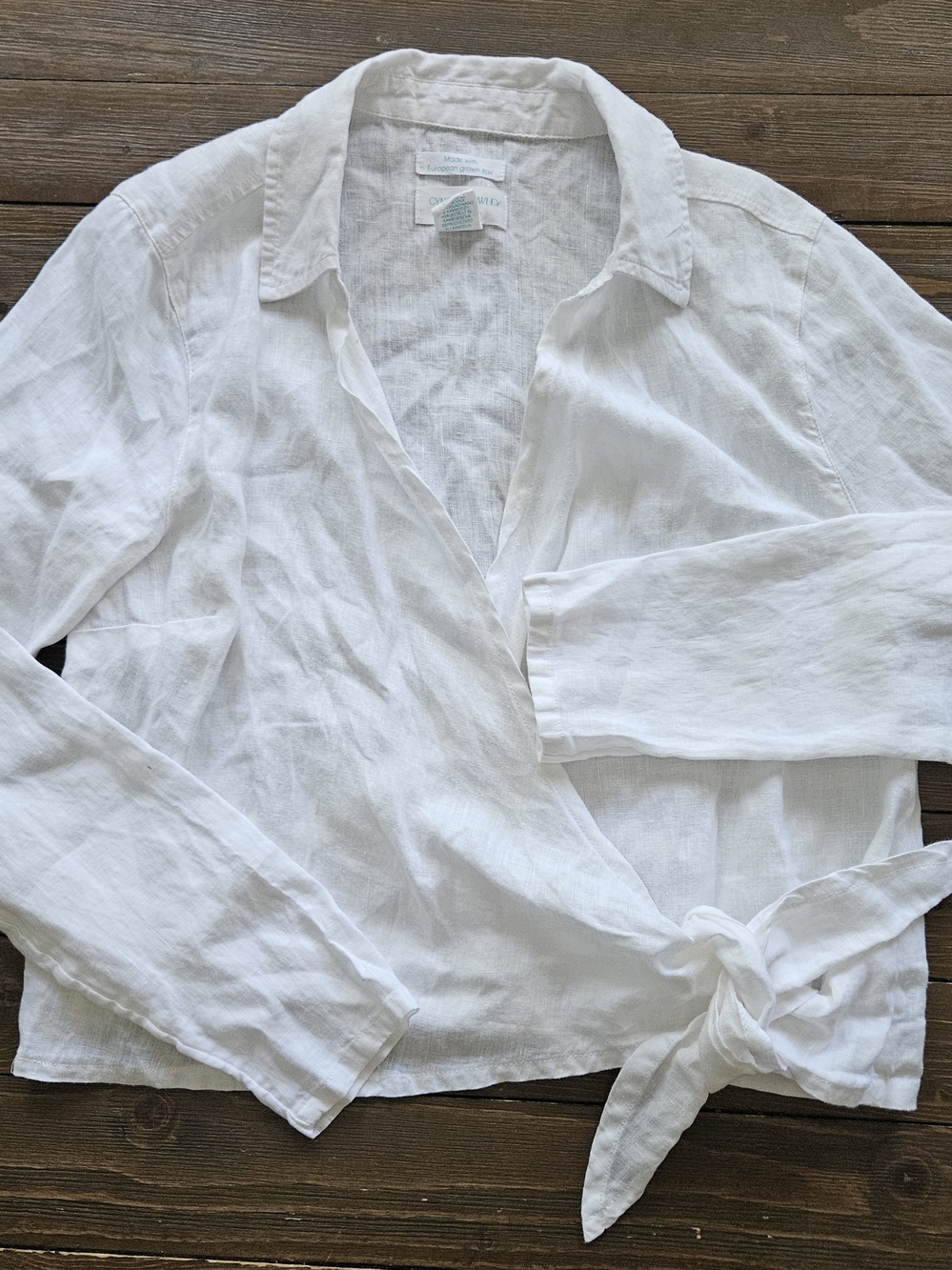 Cynthia Rowley Womens M White 100% Linen Tie Front Long Sleeve Blouse Shirt
